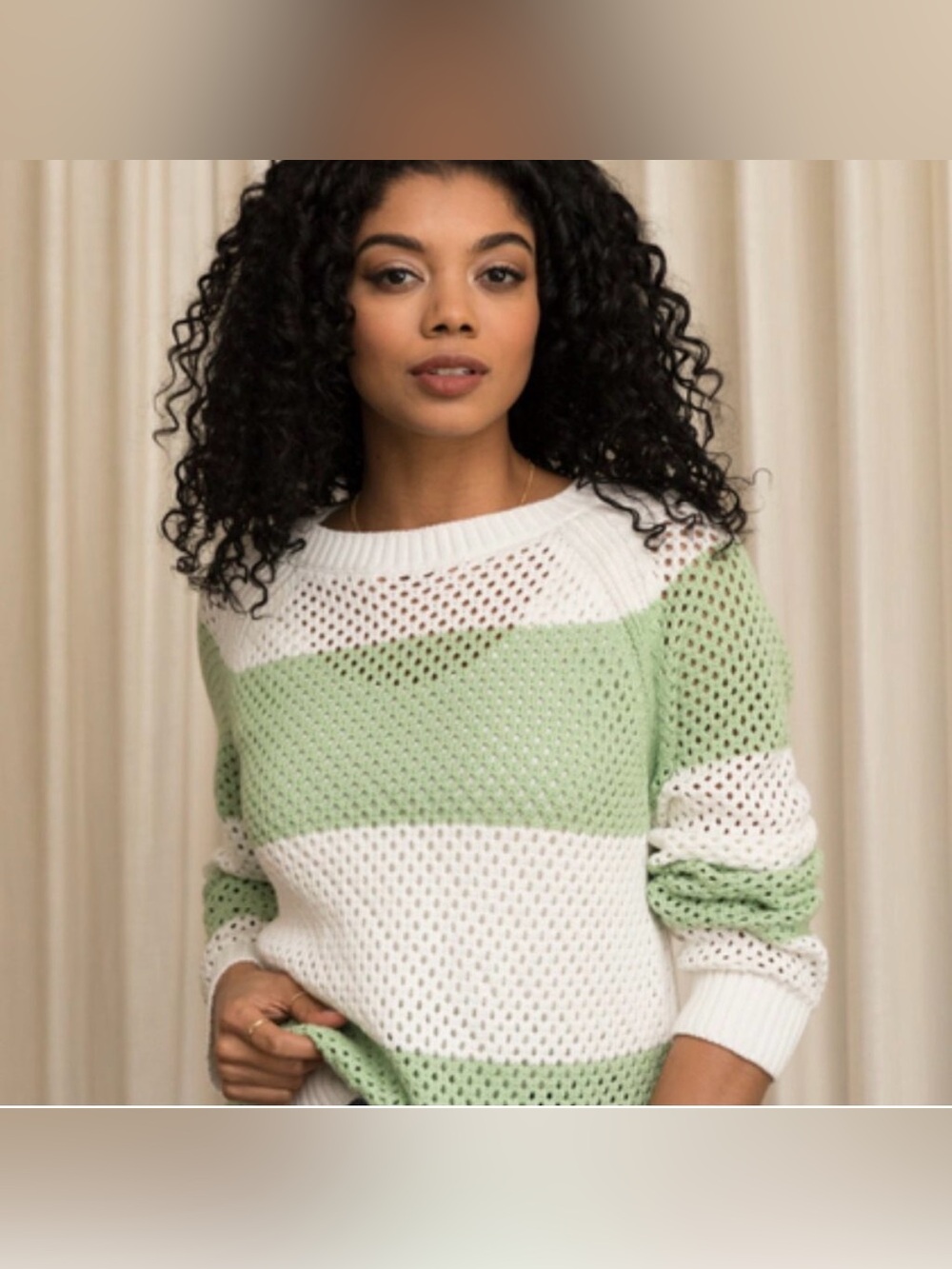 ABLE Striped Open-Knit Cotton Crewneck Sweater in Mint and White XL